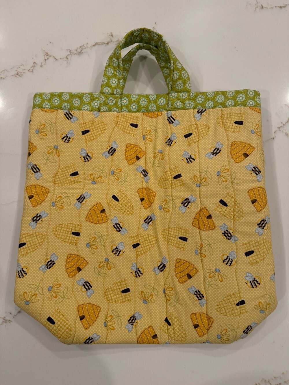 Handmade Quilted Honey Bee and Beehive Yellow Tote Bag with Floral Handles